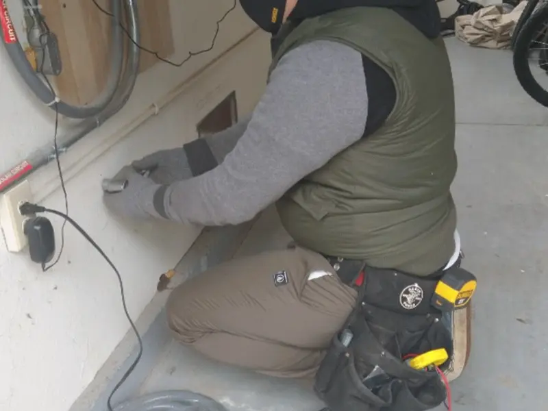 Electrician performing outlet wiring in a Commerce garage